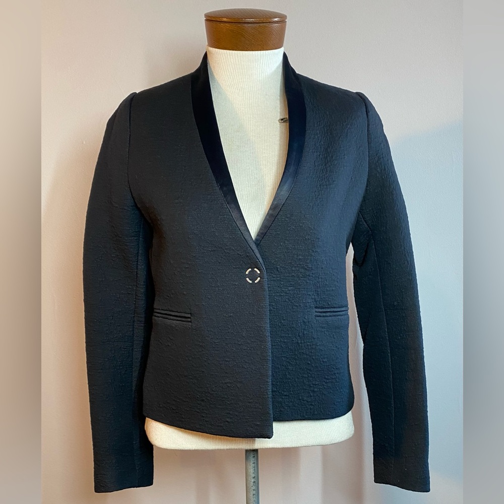 Black Collarless Blazer Size 4 Career Wear Corpcore Textured Boucle Fabric